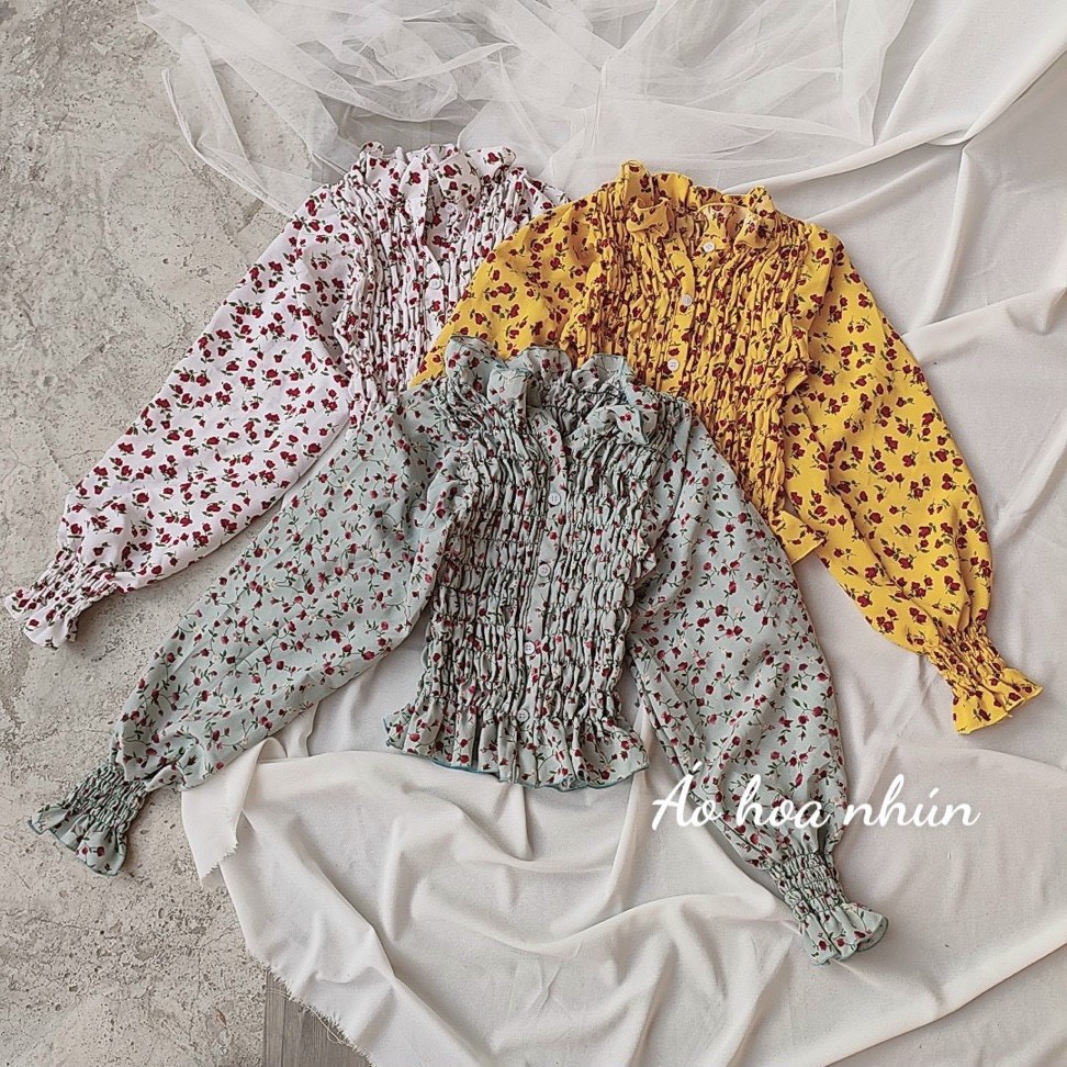 áo hoa xinh xắn hàng nút nhúm nhúm cổ cao bèo xinh