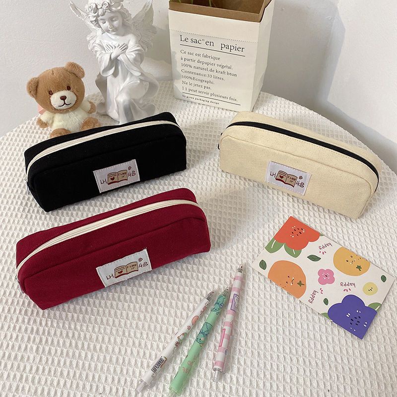 Túi Đựng Bút Bằng Vải Canvas Sức Chứa Lớn Màu Trơn Đơn Giản Có Khóa Kéo Dành Cho Học Sinh Nam Nữ