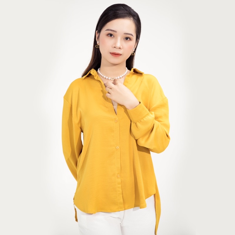[Trend 2021] Áo sơ mi form rộng dáng xuông lụa tăm cao cấp thiết kế Made in Vietnam | Vàng Đậm (Yellow Sunflower)