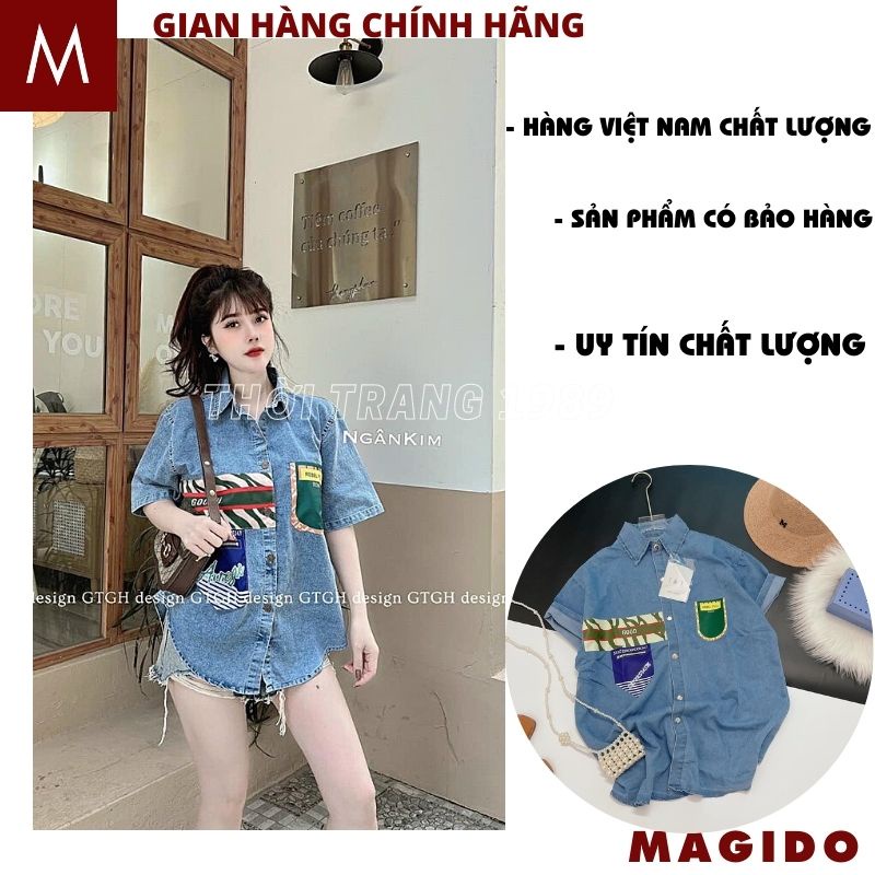 Áo sơ mi jeans bò cộc tay cổ đức in hình AB01 kiểu dáng hàn quốc ulzzang dáng suông form rộng cực kute -MAGIDO