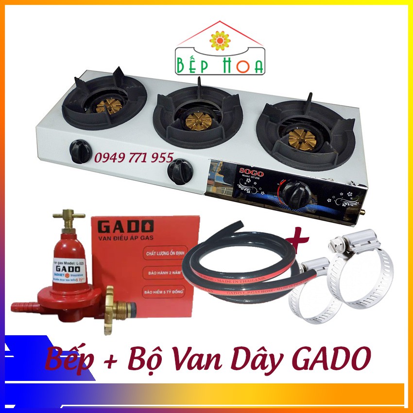 BẾP GAS CÔNG NGHIỆP KHÈ SOGO 3 LÒ GT-208S3 kèm van dây - Lửa xanh mạnh - BH 1 năm - Bếp Hoa