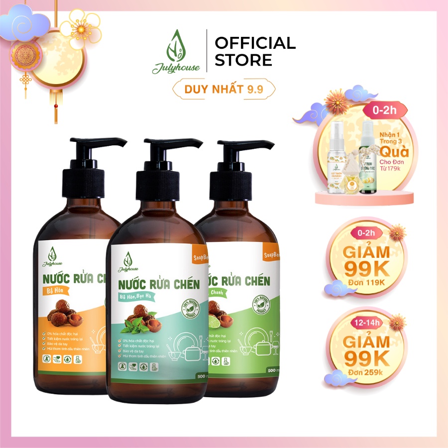 Nước rửa chén hữu cơ chiết xuất Bồ Hòn và tinh dầu thiên nhiên JULYHOUSE khử mùi tanh, an toàn, không hại da tay