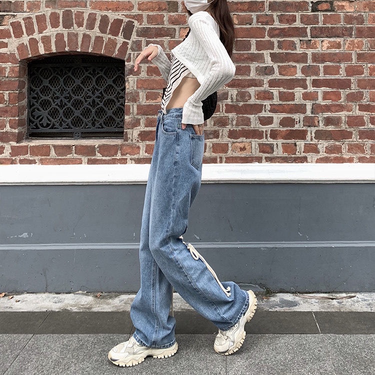 Quần jean nữ ống rộng lưng cao phối ren mẫu mới năm 2021