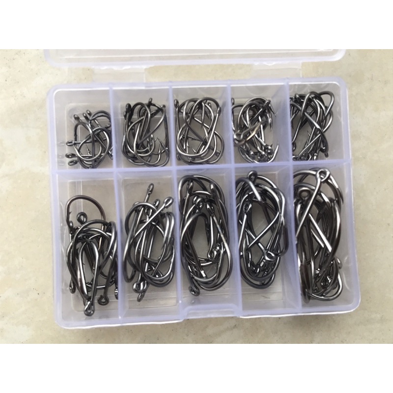 Hộp 100 lưỡi câu carbon câu cá siêu nhạy đủ size 3-12