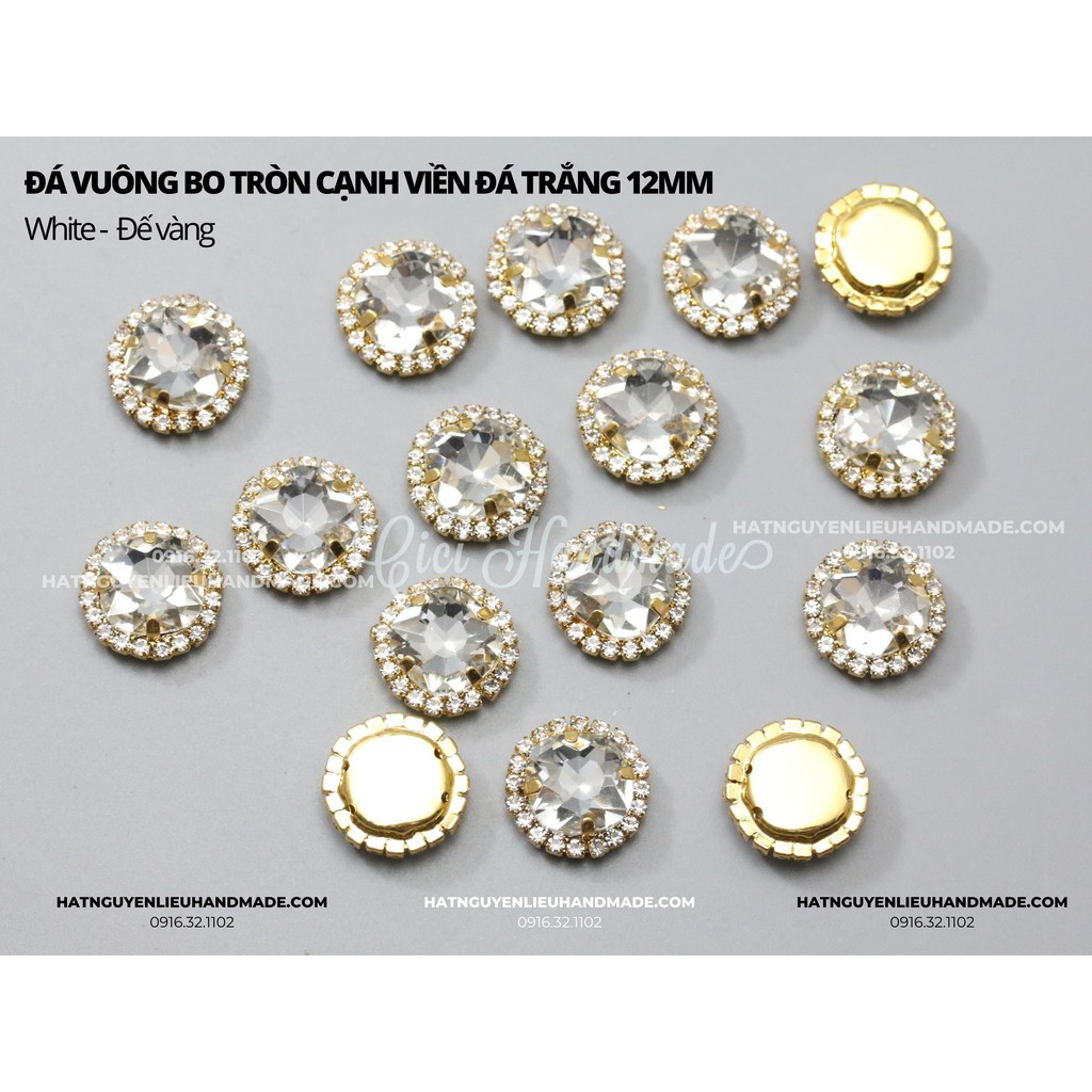 Đá vuông bo tròn cạnh viền đá trắng đế bạc12mm (2/2) Cici Handmade chuyên hạt đá hạt pha lê hạt cườm hạt trang sức DIY
