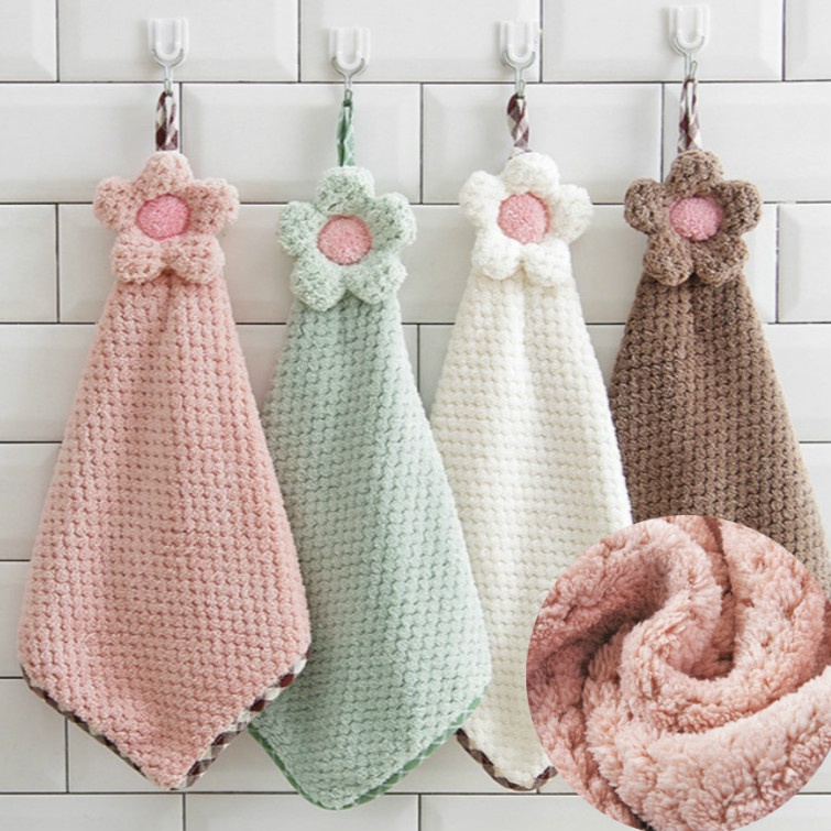 Khăn Lau Tay Cotton Mềm Mại Thấm Hút Tốt Họa Tiết Bông Hoa Màu Trơn Dành Cho Nhà Bếp