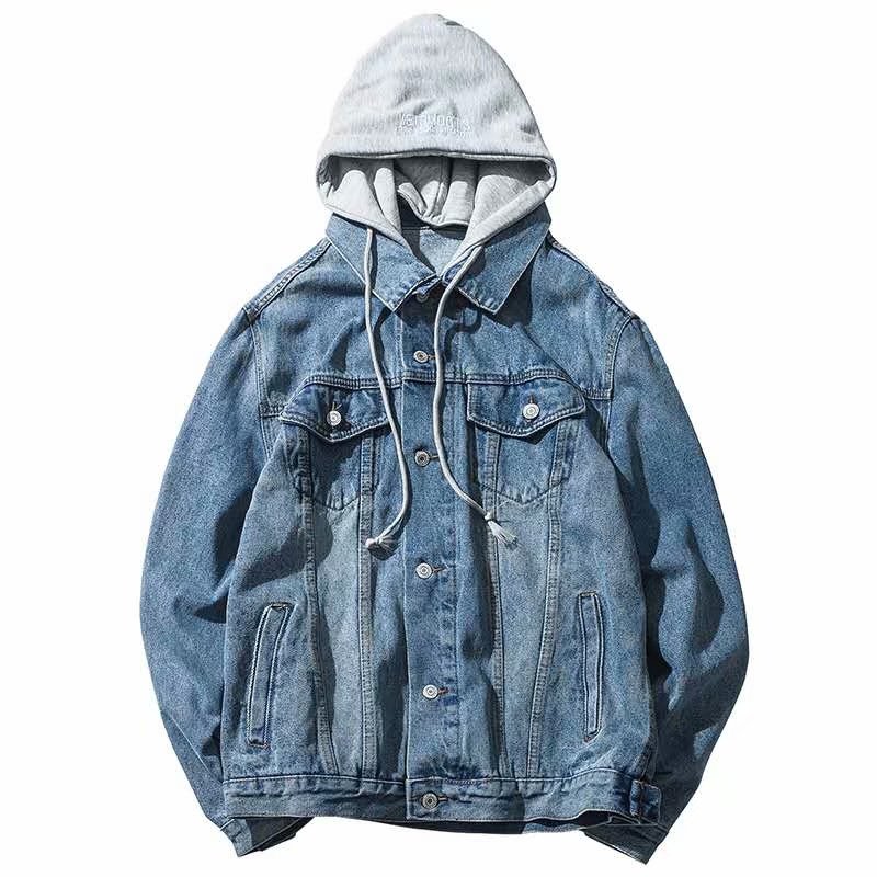 Hooded denim jacket Men's and women's couple wear Hong Kong style casual jacket Detachable hat All-match top coat INS Retro denim denim jacket Baseball jacket