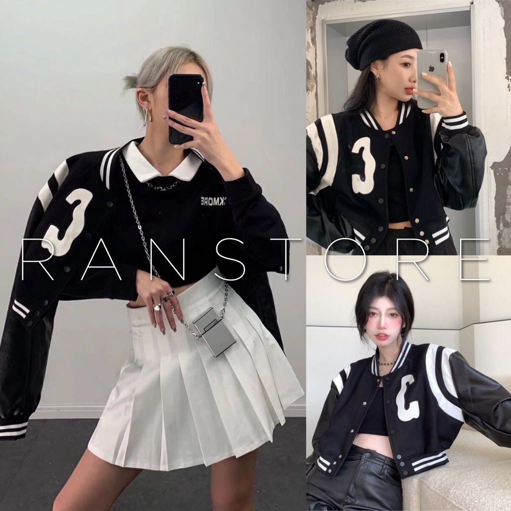 Áo bomber tay da dáng ngắn crt họa tiết chữ C kiểu cúc bấm/Áo khoác nhẹ nữ mặc chống nắng mùa hè style hàn quốc_ranstore
