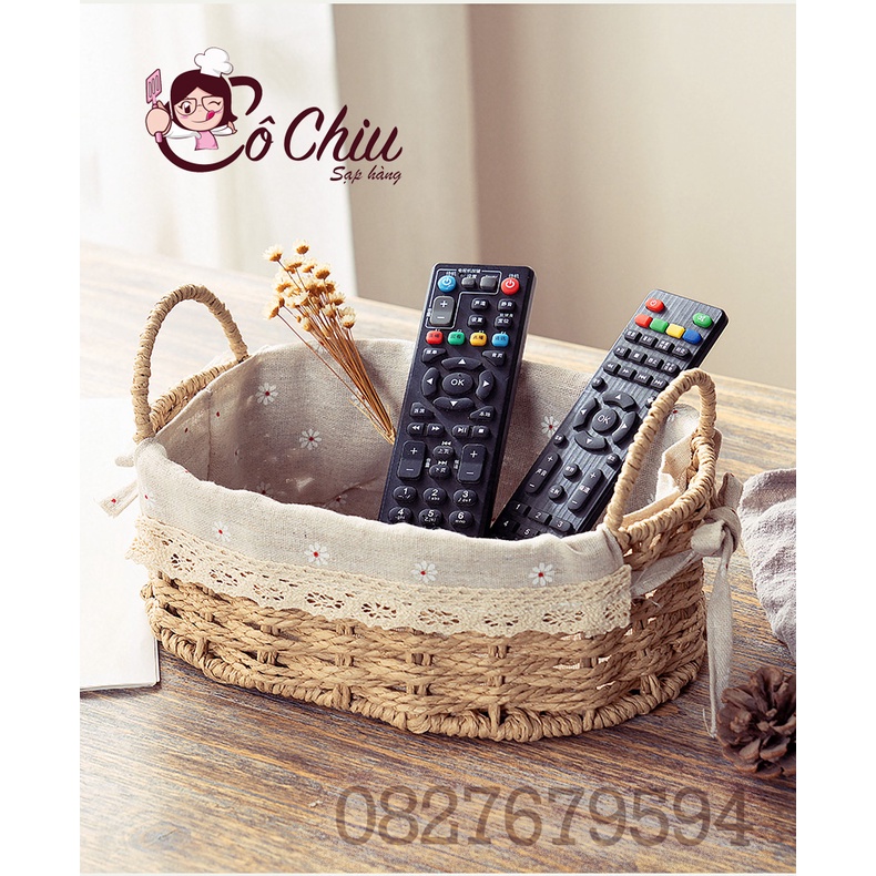 Giỏ mây lót vải CÓ QUAI đựng đồ vintage, giỏ đi picnic, để bàn decor