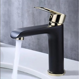 vòi lavabo nóng lạnh chất liệu đồng đúc phủ sơn tĩnh điện cao cấp màu đen vàng (bảo hành 24 tháng)