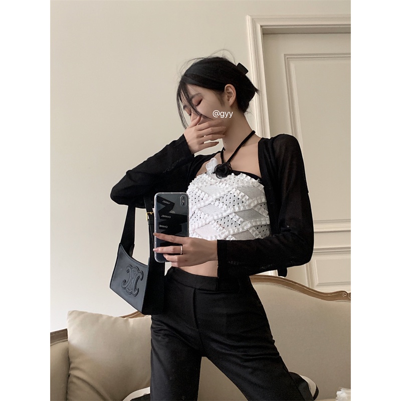 HUANG YOYO Bộ Trang Phục Hai Mảnh Gồm Áo Hai Dây Dệt Kim Dáng Ngắn Phong Cách Thời Trang Hàn Quốc Cho Nữ