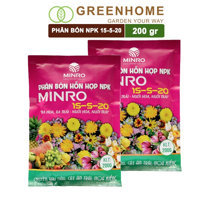 Bộ 2 Phân NPK 15-5-20 Minro, bao 200gr, phân bón kích ra hoa, đậu trái, nuôi hoa, nuôi trái |Greenhome
