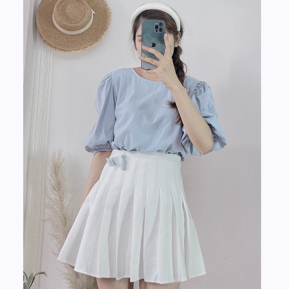 Áo sơ mi nữ cổ tròn trơn, tay bồng, chất thô mềm thoáng mát