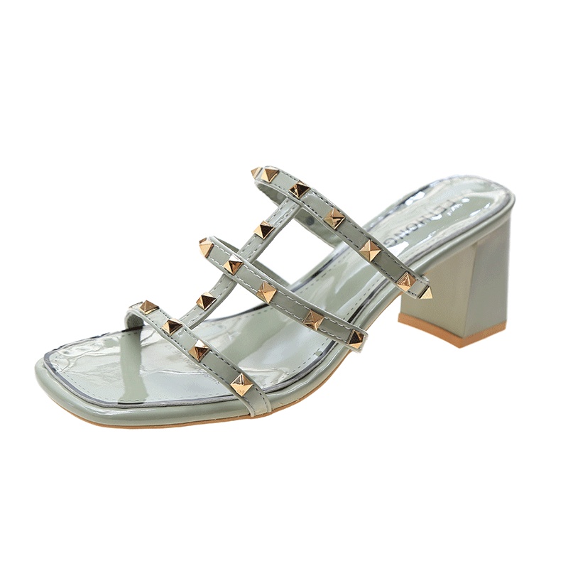 Giày Sandal Cao Gót Đế Vuông Hở Ngón Đính Đinh Tán Thời Trang Cho Nữ