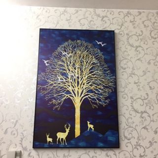 Tranh canvas cây vàng và muôn thú 60 x 90 - khung viền đen SR191
