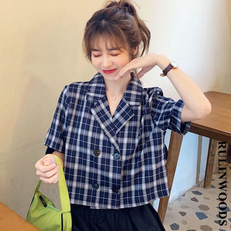 Áo Khoác Blazer Tay Ngắn Họa Tiết Sọc Caro Phong Cách Hàn Quốc