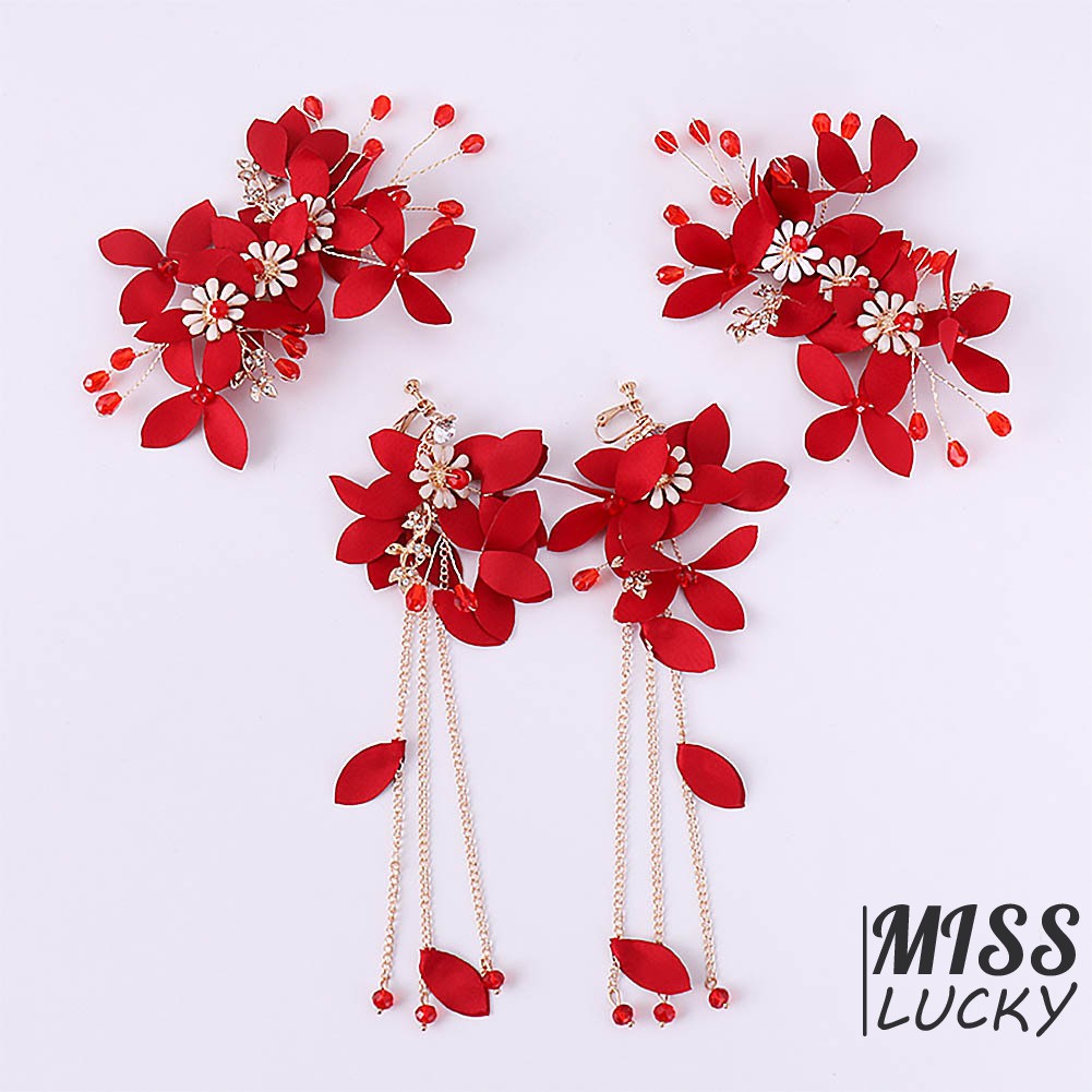 Set kẹp tóc và khuyên tai họa tiết hoa lá đính đá thanh lịch cho nữ