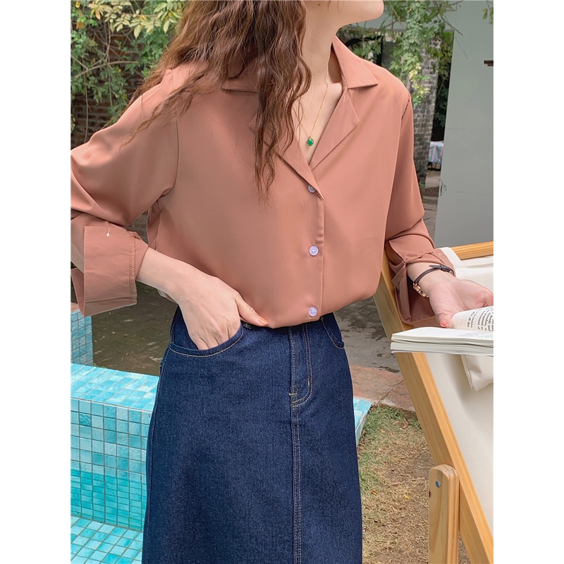 SUXI Áo Sơ Mi Tay Dài Cổ Chữ V Màu Sắc Đơn Giản Phong Cách Hàn Quốc Dành Cho Nữ