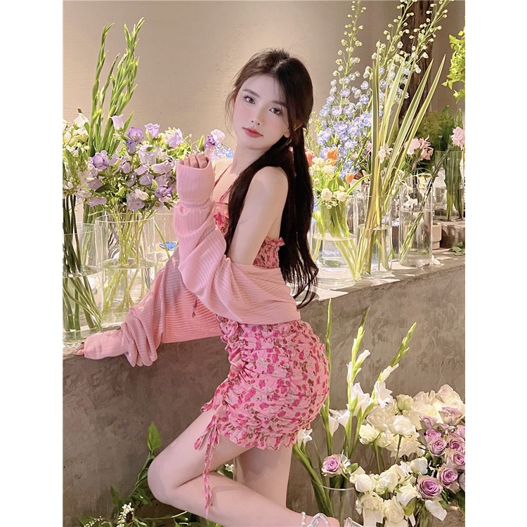 Set Áo Khoác Cardigan Dài Tay Và Đầm Hai Dây Họa Tiết Hoa Phong Cách Hàn Quốc Cho Nữ