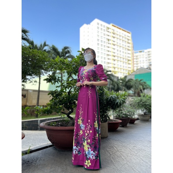 Áo dài tay phồng cổ vuông màu huyết lụa nhật, form đẹp, hình thật shop chụp