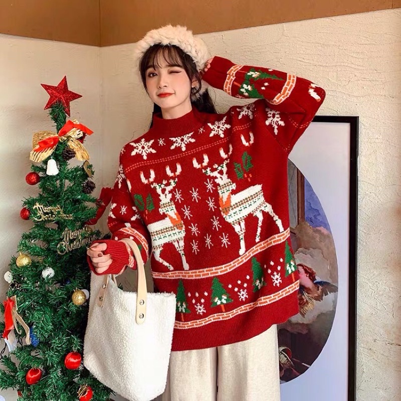 Áo len thổ cẩm nữ hoạ tiết Hàn Quốc xinh xắn/ Áo len hoạ tiết Noel siêu ấm