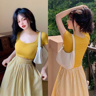 Set Váy Nữ, Set áo thun mix chân váy caro xoè hàng Qc loại 1