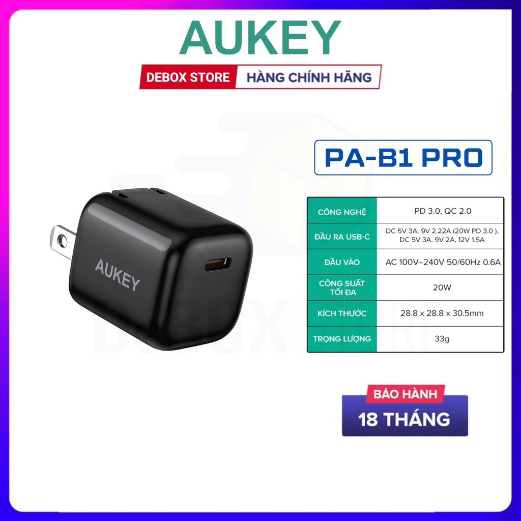 【Giao hàng nhanh】Combo AUKEY Cốc Sạc Nhanh iPhone 12 Series 20W Omnia PA-B1 Pro, Cáp C-Lightning CB-CL3 MFi, PD 22W