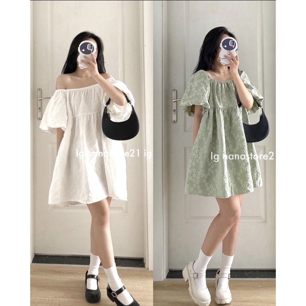 Váy trễ vai babydoll hoa nổi Hàn Quốc 2022