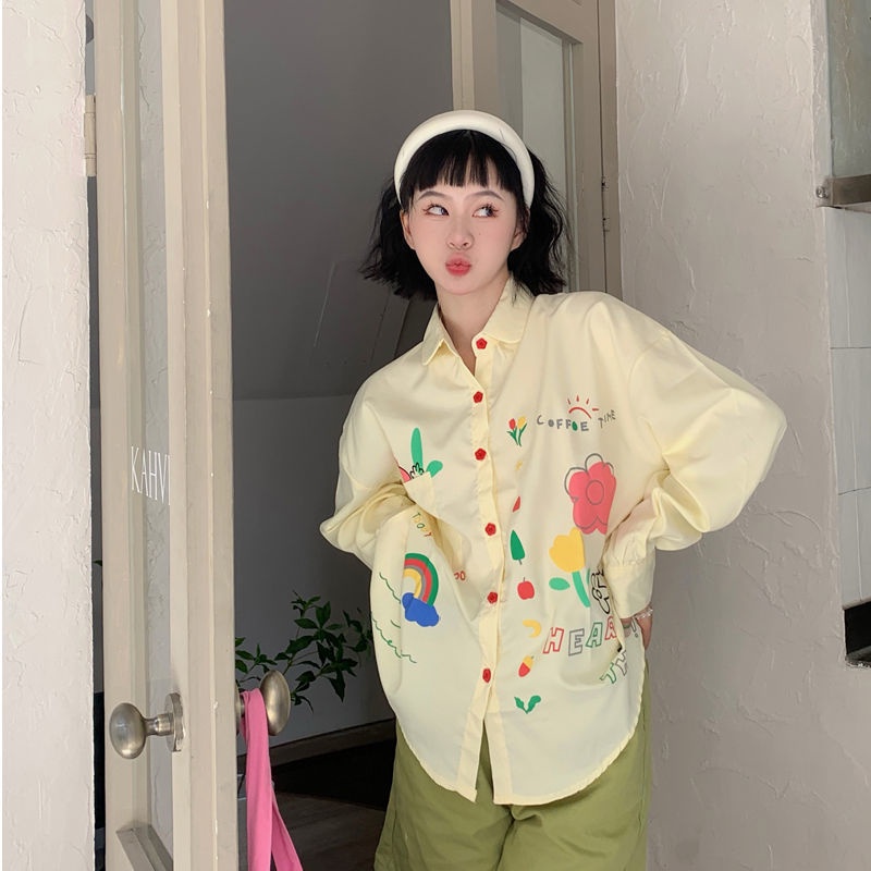 Áo Sơ Mi Tay Dài Dáng Rộng In Họa Tiết Graffiti Phong Cách Hàn Quốc Ngọt Ngào Cho Nữ