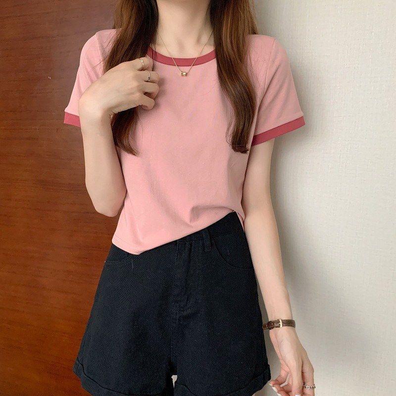 WANGJIAOZHAN Áo crop top nữ Áo thun ngắn tay cổ tròn màu sắc tương phản thời trang mới dành cho nữ