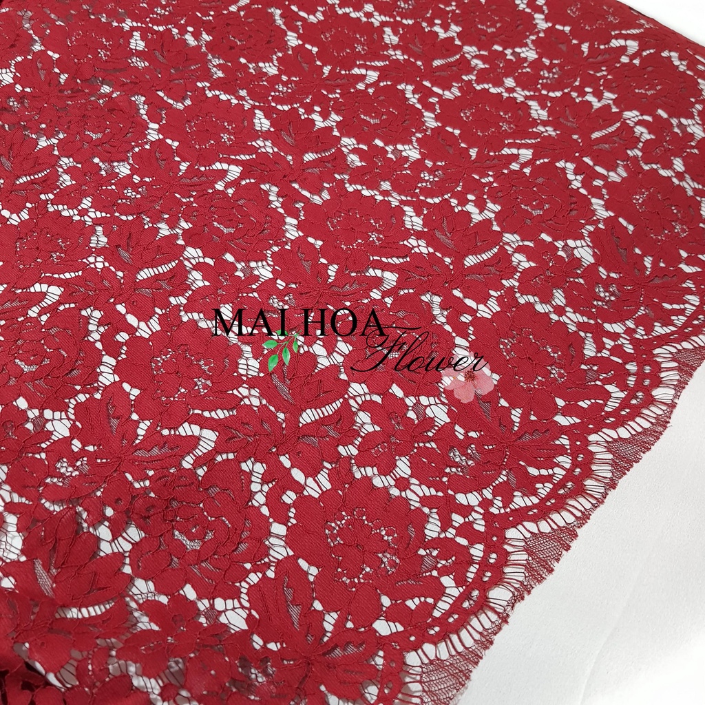 Vải ren đỏ thêu hoa dùng làm vải may đồ mềm có co giãn 150x150cm, Maihoaflower