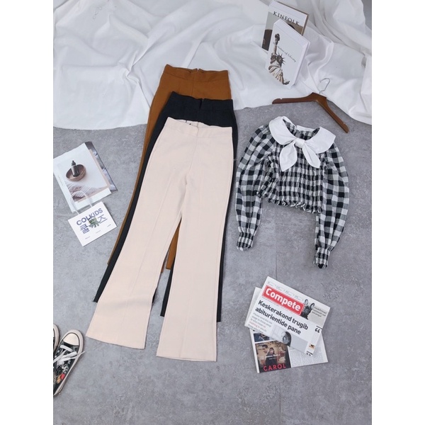 Quần ống loe - quần loe nhung cạp cao chất mềm co giãn-hình thật