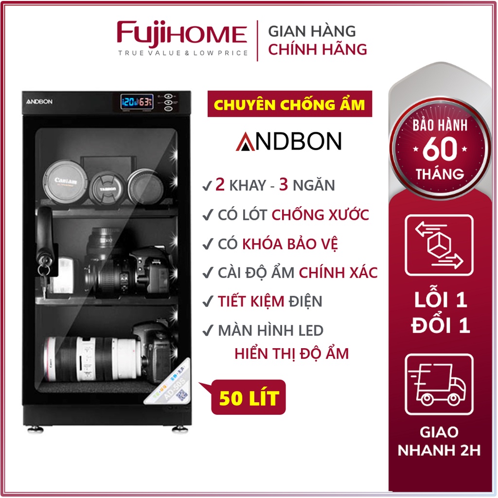 Tủ chống ẩm máy ảnh 50 lít Andbon AD-50C, Tủ hút ẩm máy ảnh 50l ba ngăn công nghệ Nhật Bản tiết kiệm điện giá rẻ