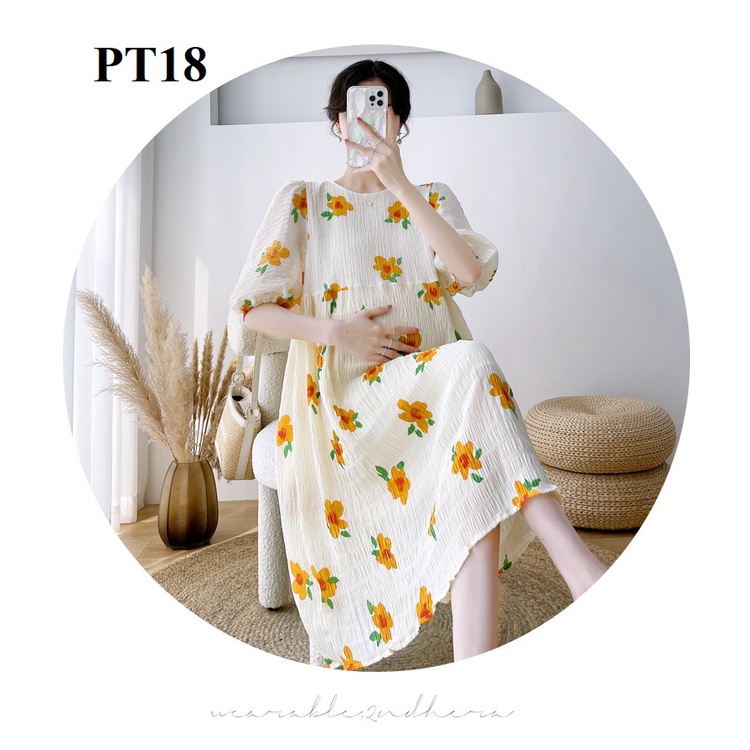 Đầm bầu voan gân hoa 2 màu kem và xanh