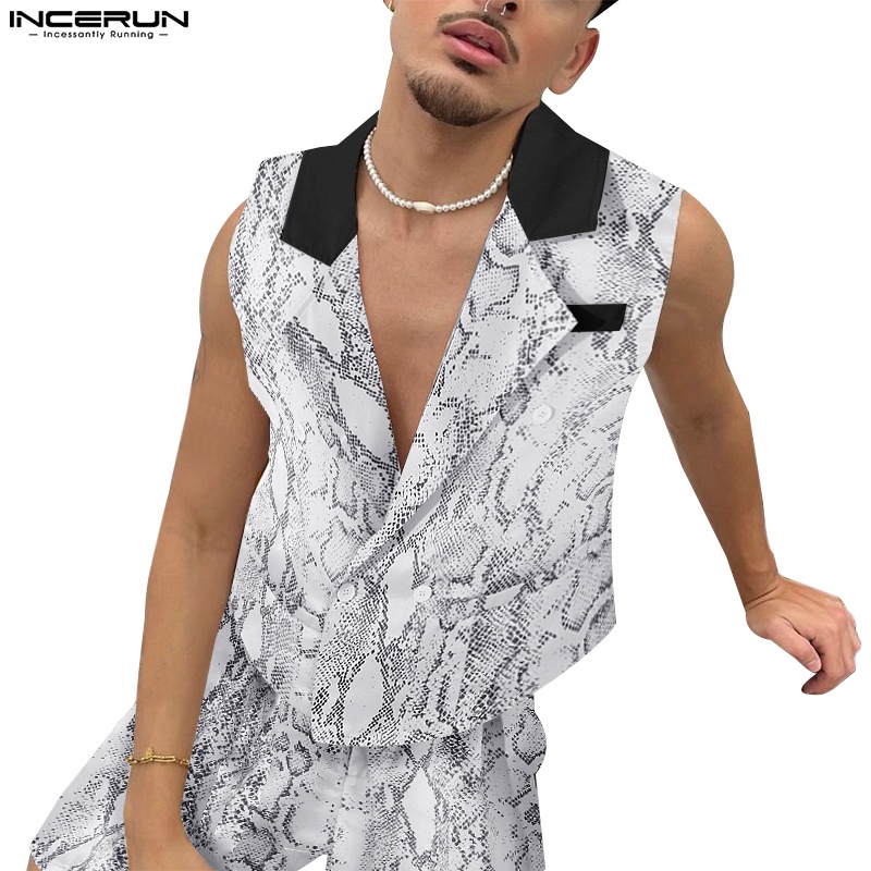 Set đồ 2 món INCERUN gồm áo ghi lê cổ bẻ họa tiết da rắn + quần short thời trang cho nam