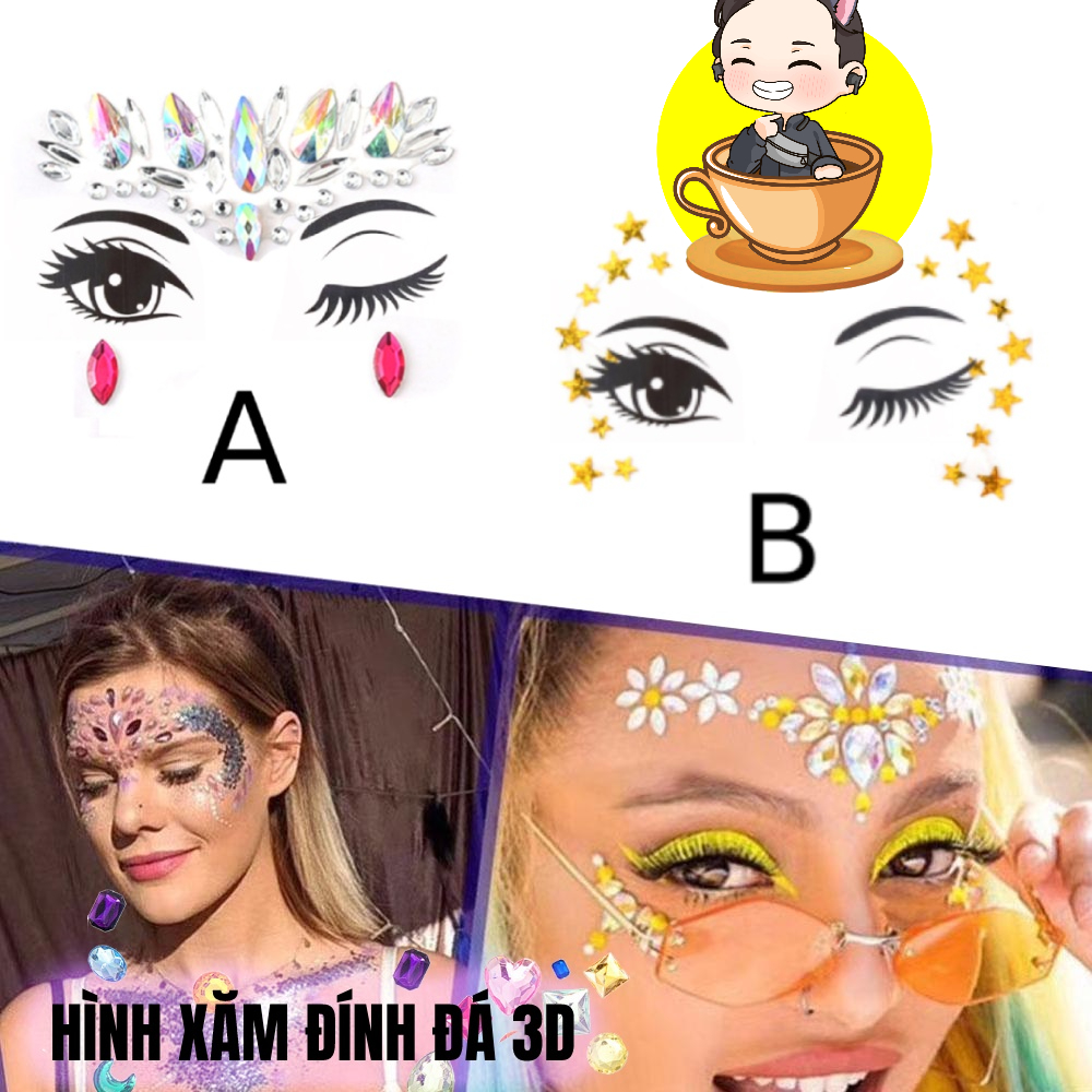 Hình xăm đính đá pha lê 3D, trang trí mặt, lấp lánh tham gia đi lễ hội, rave, music festival biển