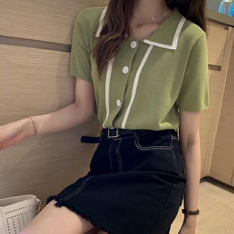 áo polo Dệt Kim Tay Ngắn Dáng Rộng Phong Cách Thời Trang Hàn Quốc
