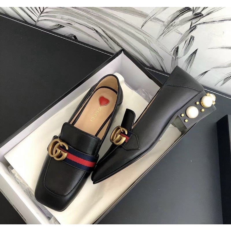 Giầy Lười Gucci Gót Ngọc Trắng Đen
