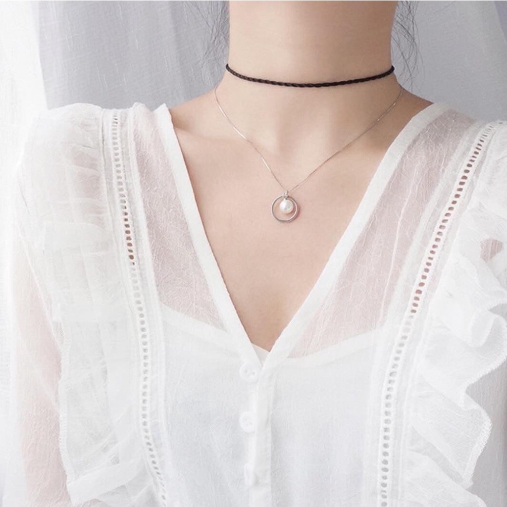 Dây chuyền bạc nữ Evasilver mặt vòng tròn đính ngọc trai bên trong, Vòng cổ chất liệu bạc ta sang trọng