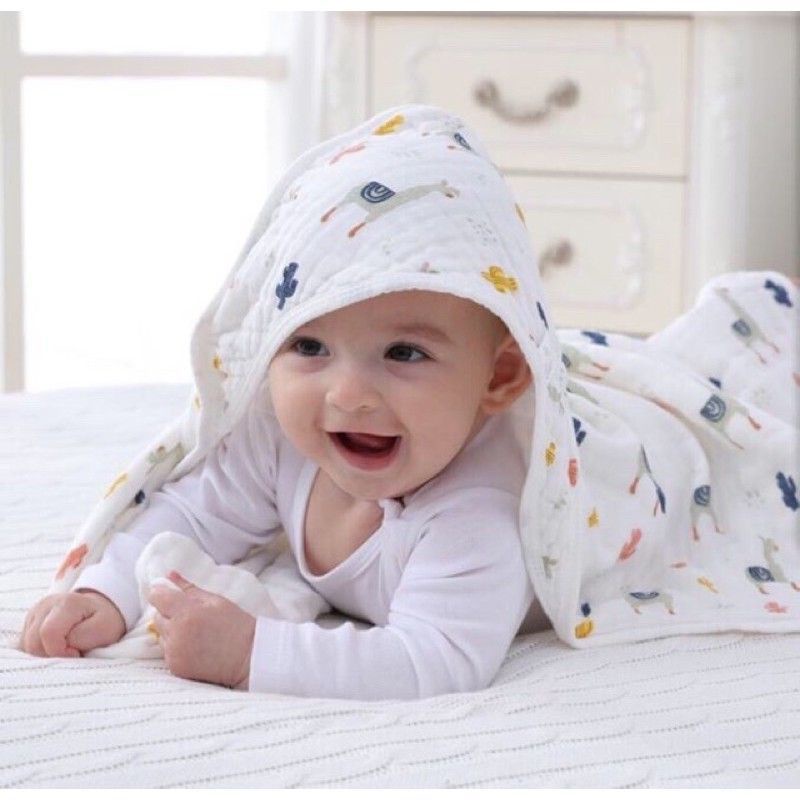 Ủ Xô 4 Lớp / Chăn Choàng Có Mũ Siêu Mềm Mại Cho Bé Loại Đẹp 70x70cm