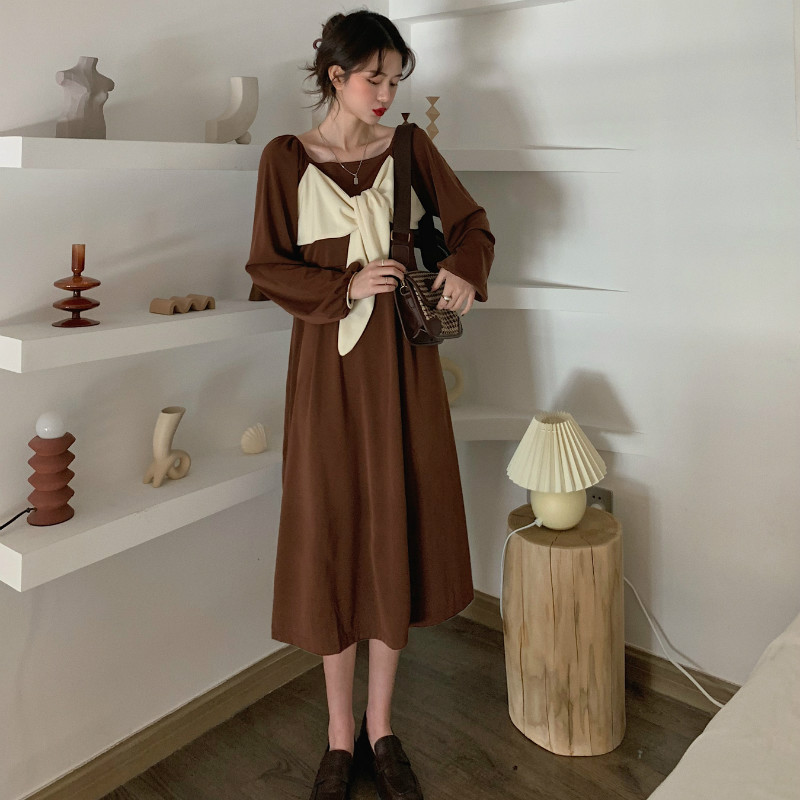 SUXI Đầm Midi Cổ Vuông Phối Nơ Xinh Xắn Theo Phong Cách Hàn Quốc Dành Cho Nữ