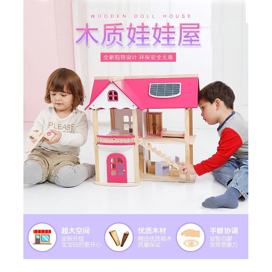 Ngôi Nhà Búp Bê Bằng Gỗ Màu Hồng Doll house - có kèm bàn ghế giường tủ đầy đủ như ảnh