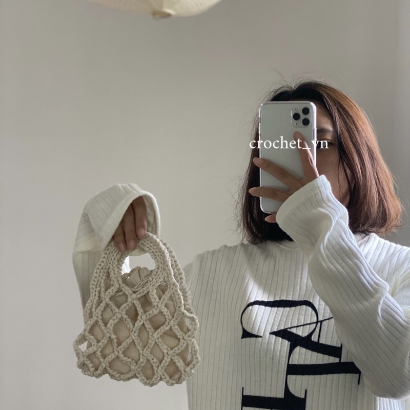 Túi lưới đan móc thủ công, hot trend thời trang, kèm túi vải rút để đồ, đi chơi du lịch