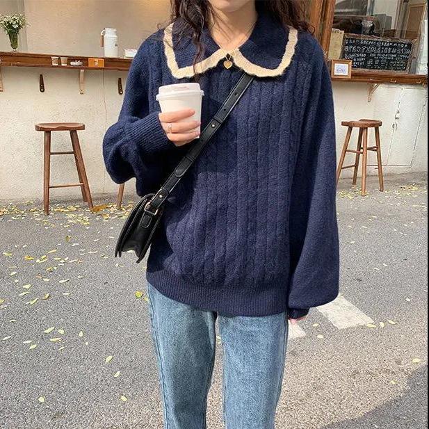 [Spot] Áo len cổ búp bê nữ dệt kim lỏng phong cách Hàn Quốc