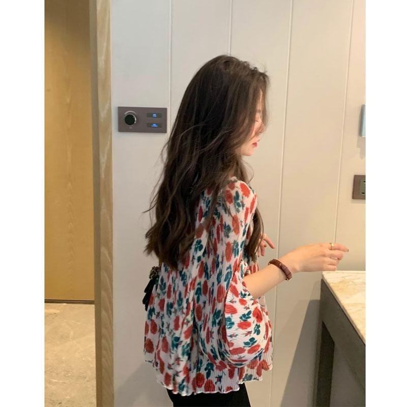 Áo Sơ Mi Hoa Tay Dài Phồng Xếp Ly Phong Cách Pháp Dành Cho Nữ