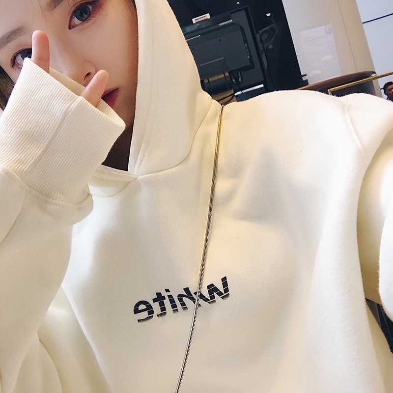 Áo hoodie tay dài dáng rộng in họa tiết cá tính phong cách Hàn Quốc cho nữ