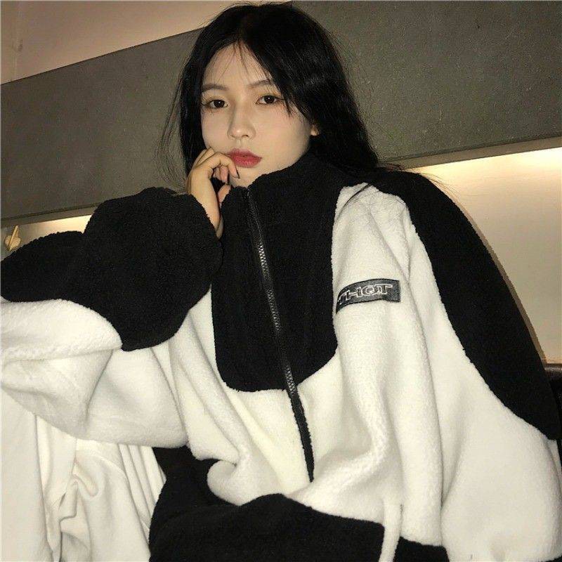 Áo Khoác Lông TH PEONYB Nữ [FREESHIP] 🌸 Sweater nỉ bông phối trắng đen, hoodie zip form rộng tay bồng Ulzzang 🌸 | BigBuy360 - bigbuy360.vn