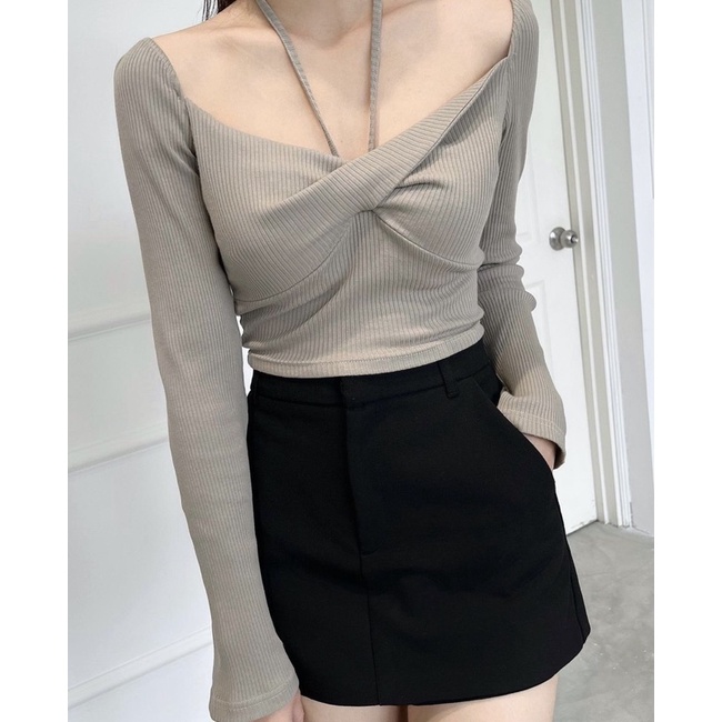 MINI TOP - ÁO CROP GÂN XOẮN CỘT CỔ