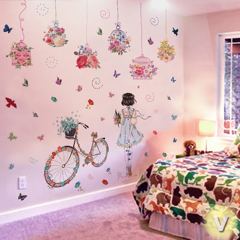 Decal dán tường Giỏ hoa cô gái