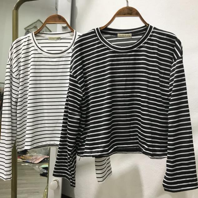 [Siêu Hot] Áo Croptop Kẻ Dài Tay Ống Rộng (Áo Croptop Tay Dài Form Rộng)